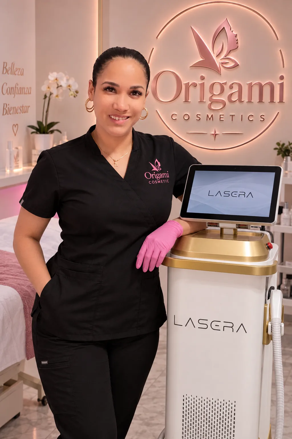 Elizabeth Karola, fundadora de Origami Cosmetics, junto al equipo de depilación láser LASERA en su cabina