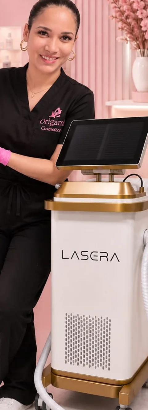 Especialista de Origami Cosmetics junto al equipo de depilación láser LASERA